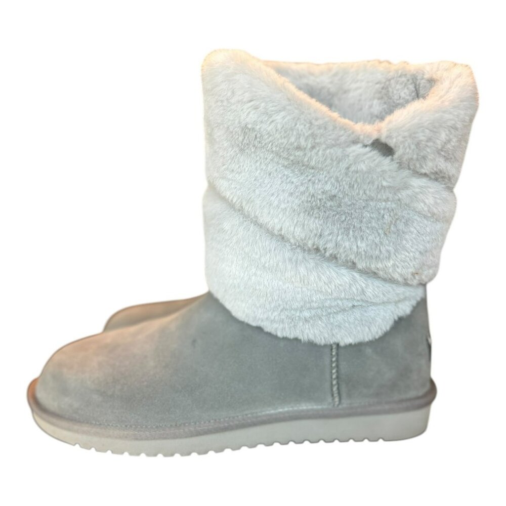 Koolaburra Gray Suede Ankle Boot with Cream Faux Fur Cuff